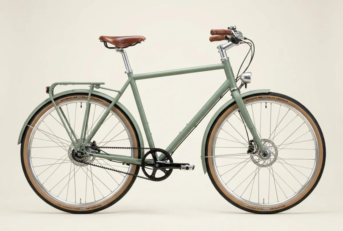 Halden Commuter, a sage-green city bike with belt drive, fenders and a rear rack